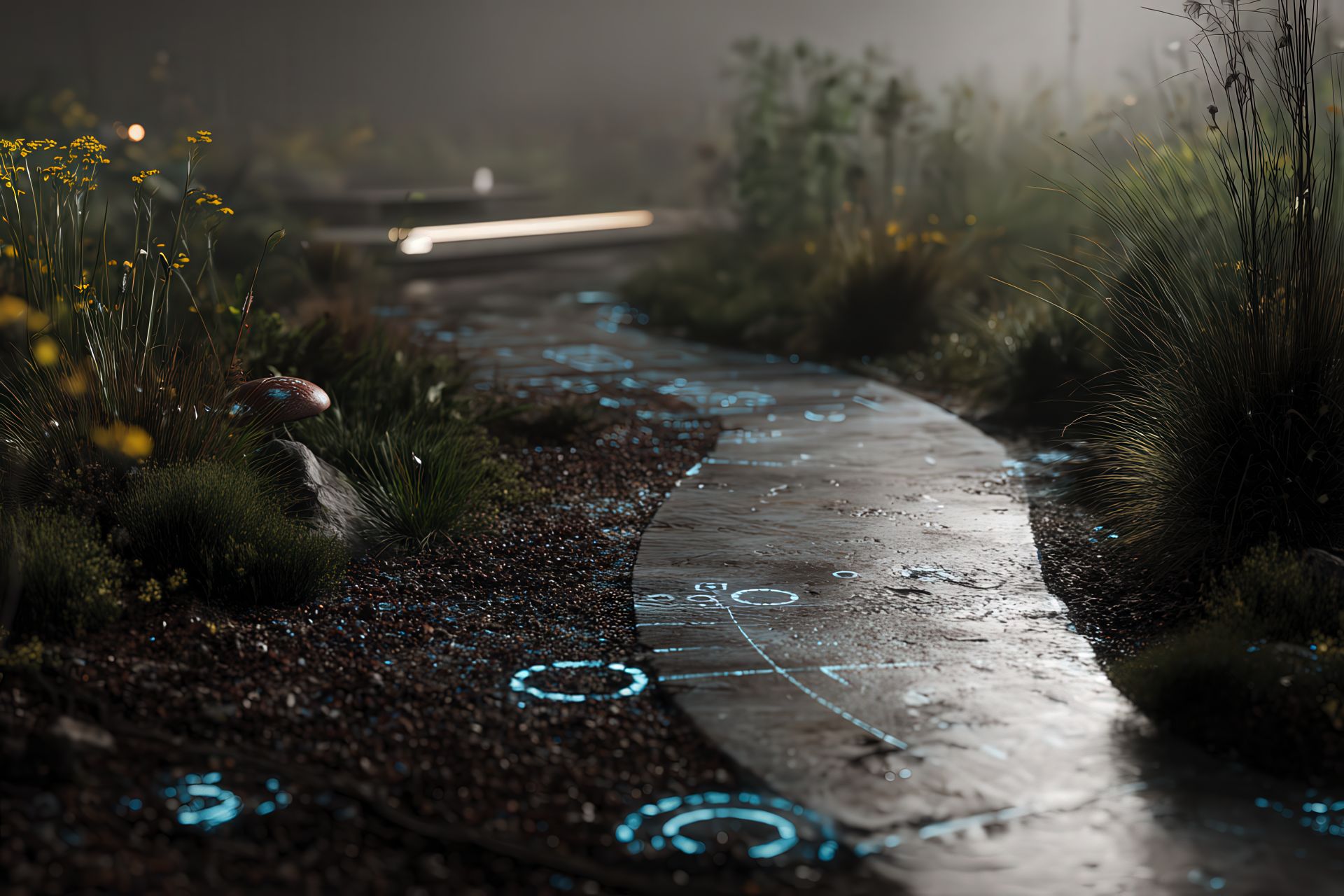 Percorso ecologico con texture naturali e simboli digitali in dissolvenza