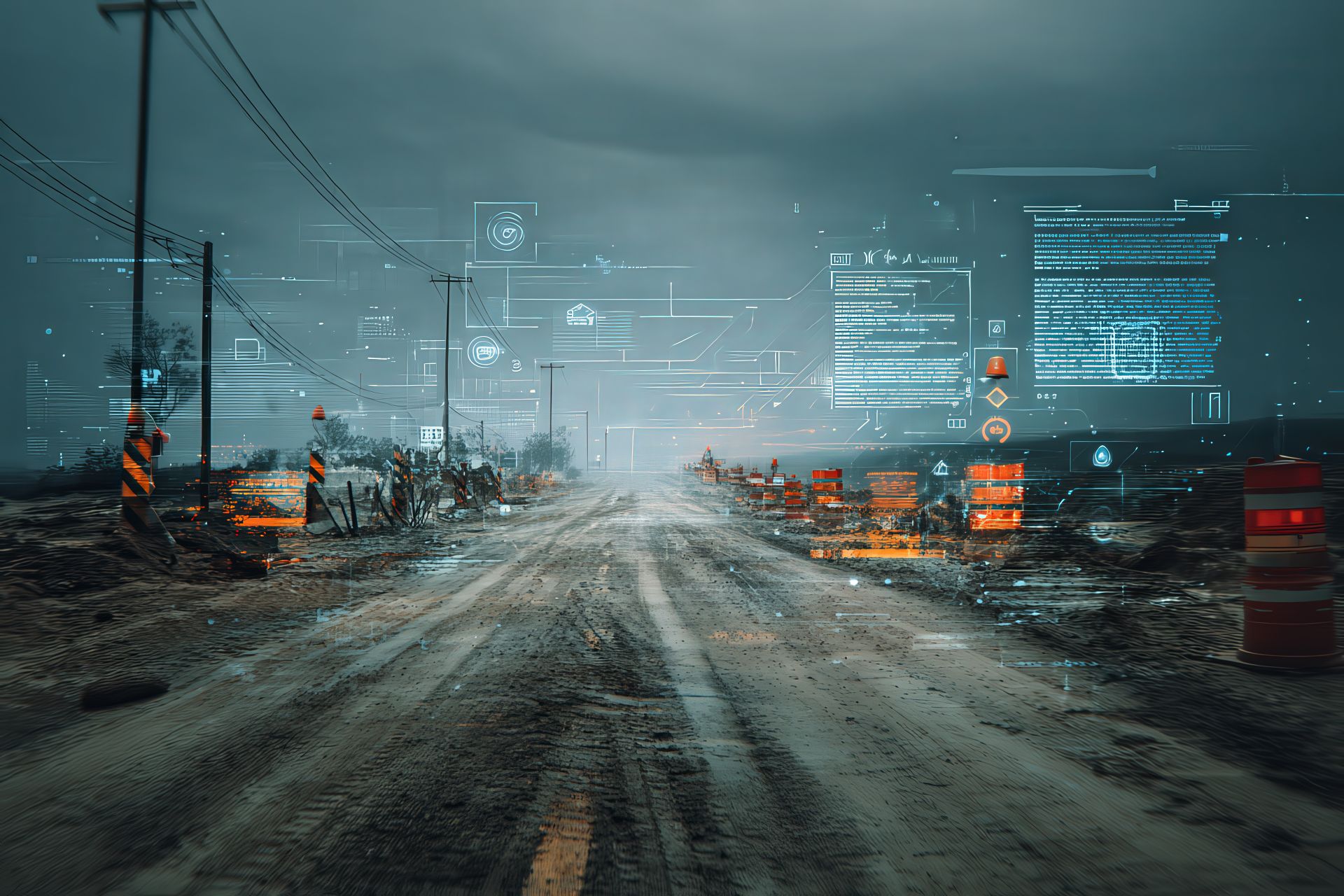 Immagine concettuale che fonde cantieri stradali e simboli legali con effetti digitali glitch