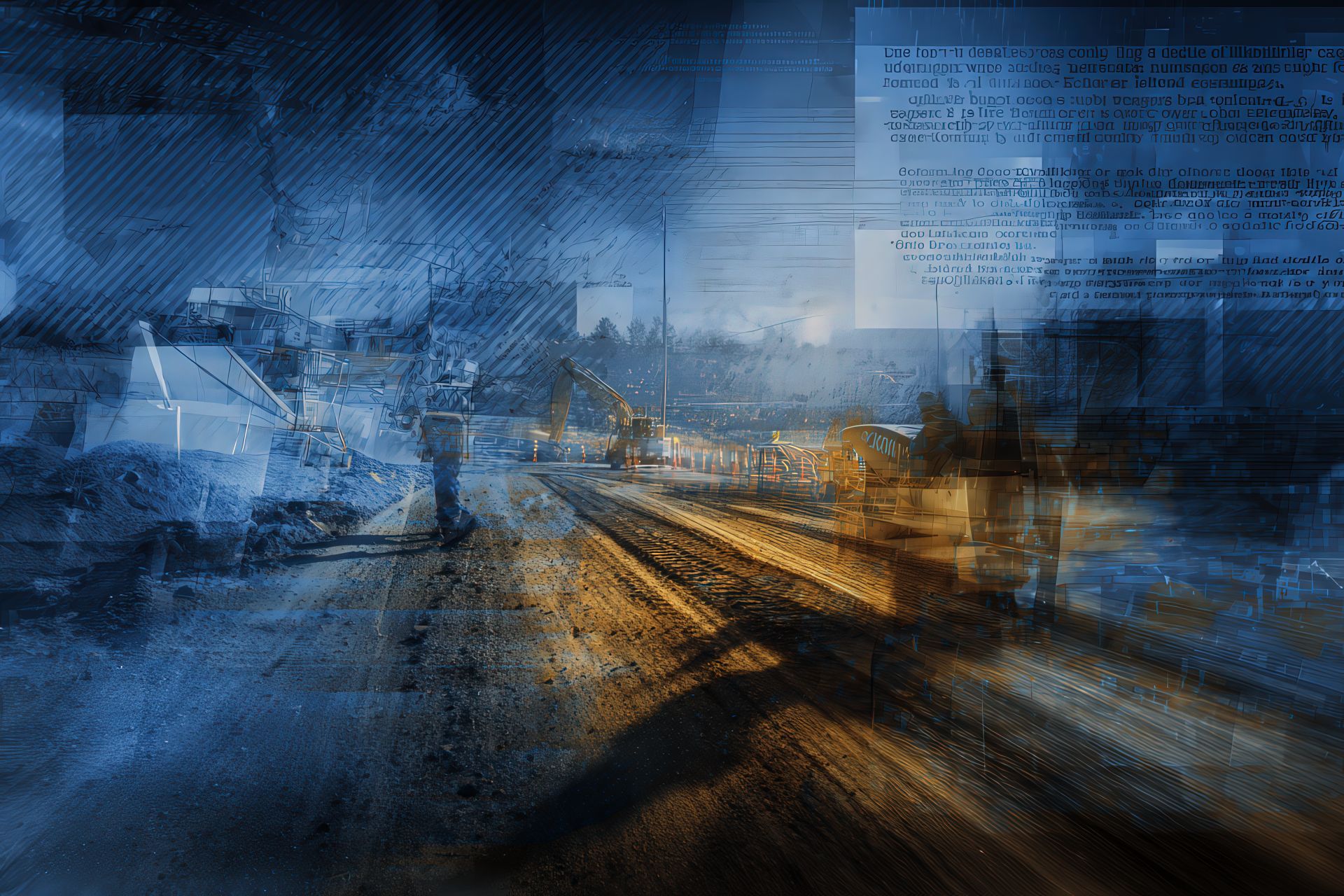 Cartello da cantiere integrato con elementi legali e stradali in stile concettuale