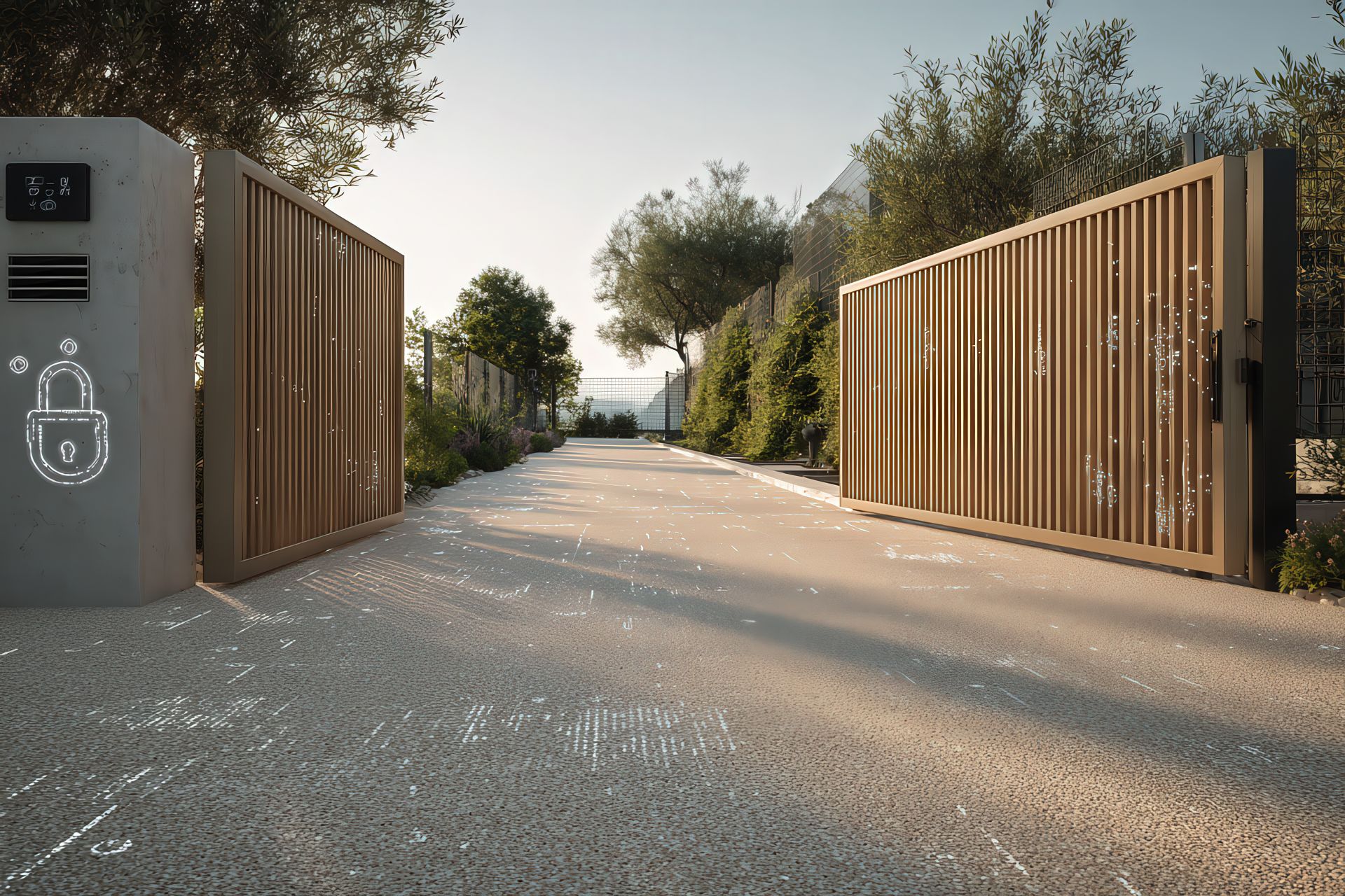 Strada privata in resina e ghiaia con effetti visivi digitali di protezione dati